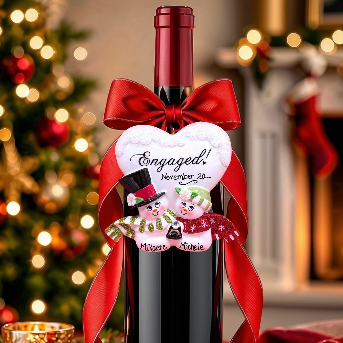 ENGAGED! - SNOW COUPLE - WHITE HEART Ornament
