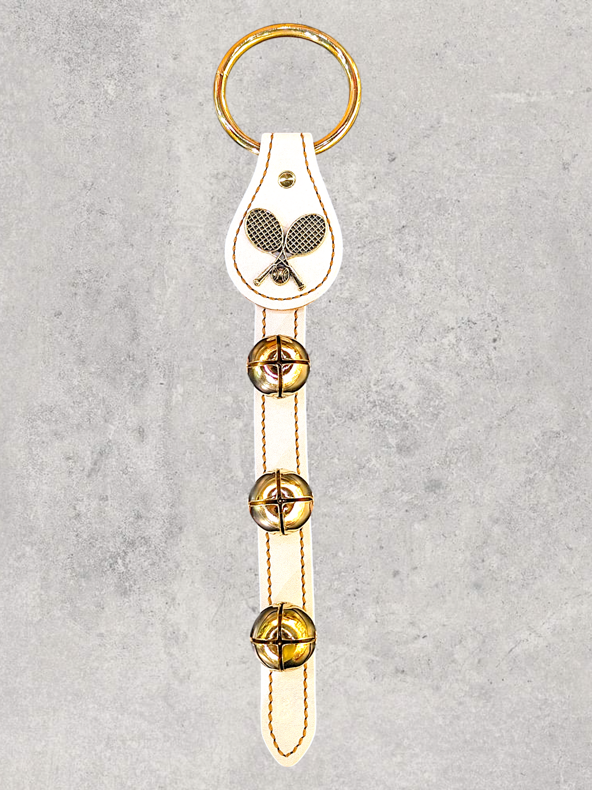 TENNIS RACKET CHARMS above 3 Bells on Leather Strap