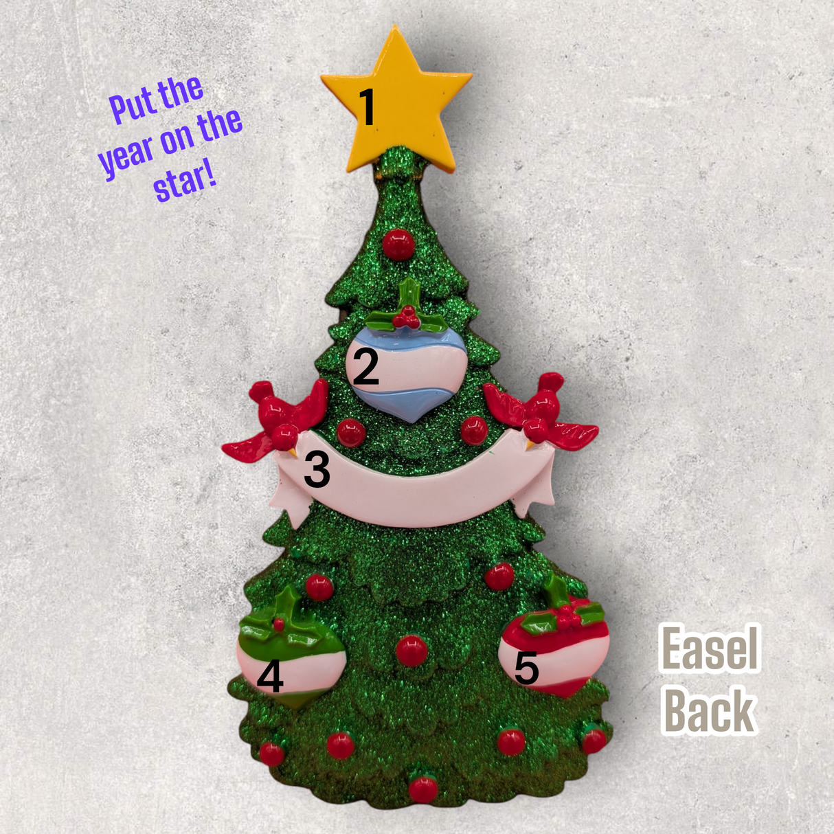 3 ORNAMENTS on GLITTERY TREE TABLETOP DECORATION