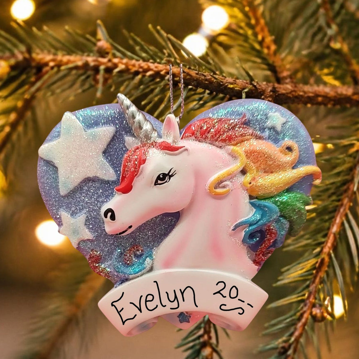 UNICORN with GLITTERY BLUE HEART & RAINBOW Ornament
