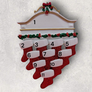 10 STOCKINGS on WHITE MANTEL Ornament