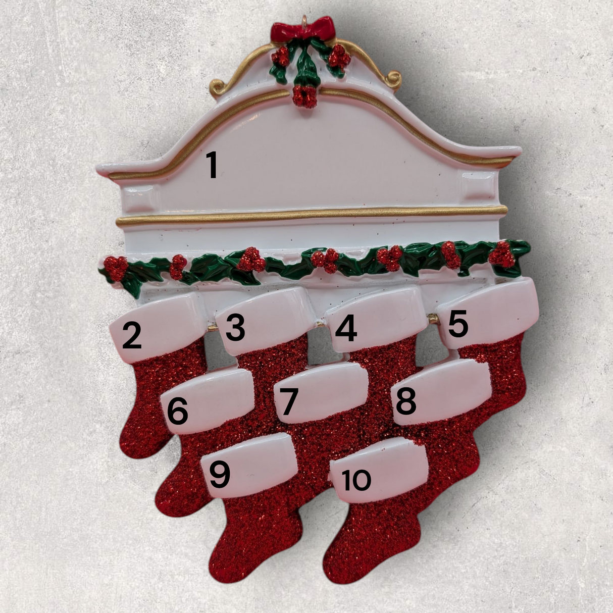 9 STOCKINGS on WHITE MANTEL Ornament