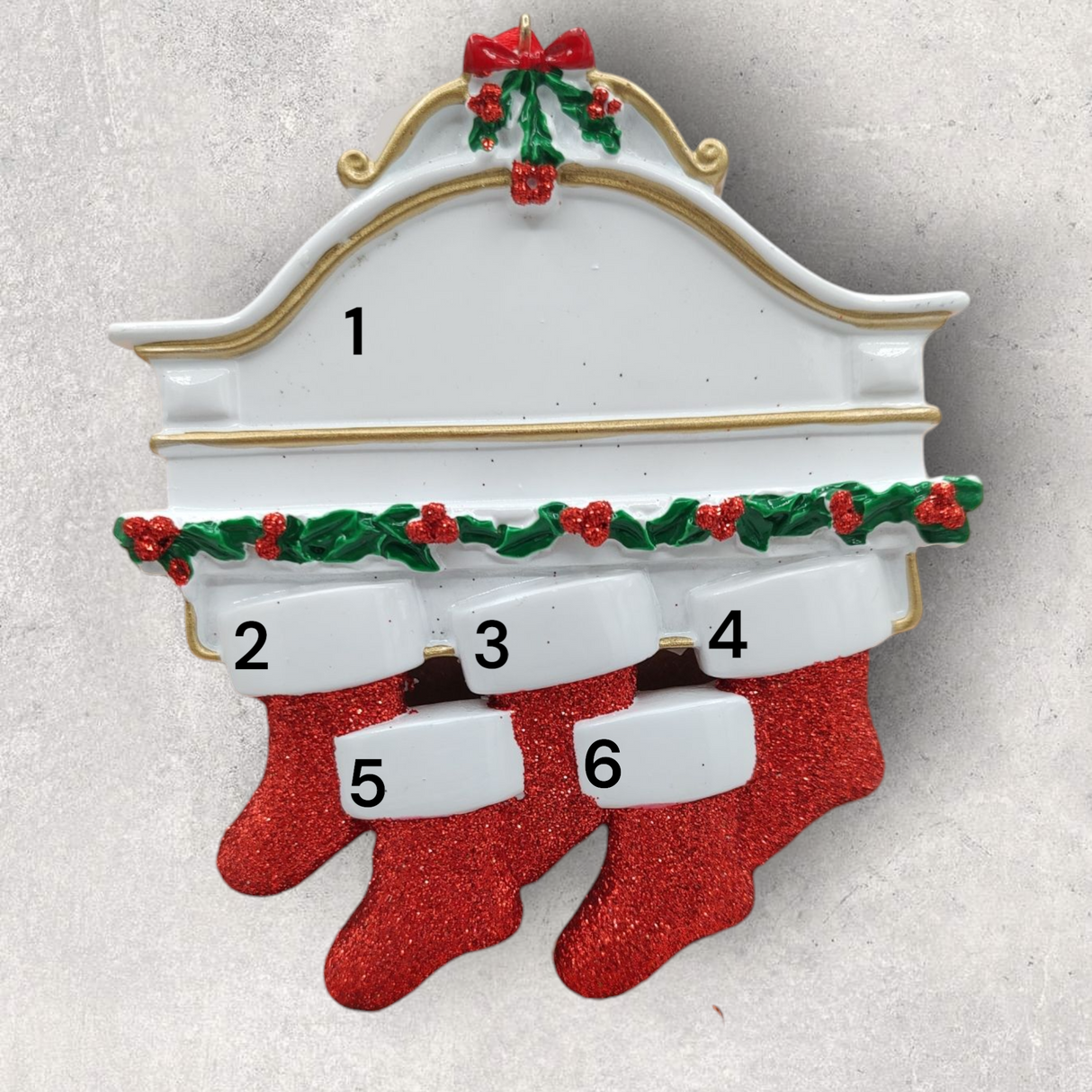 5 STOCKINGS on WHITE MANTEL Ornament