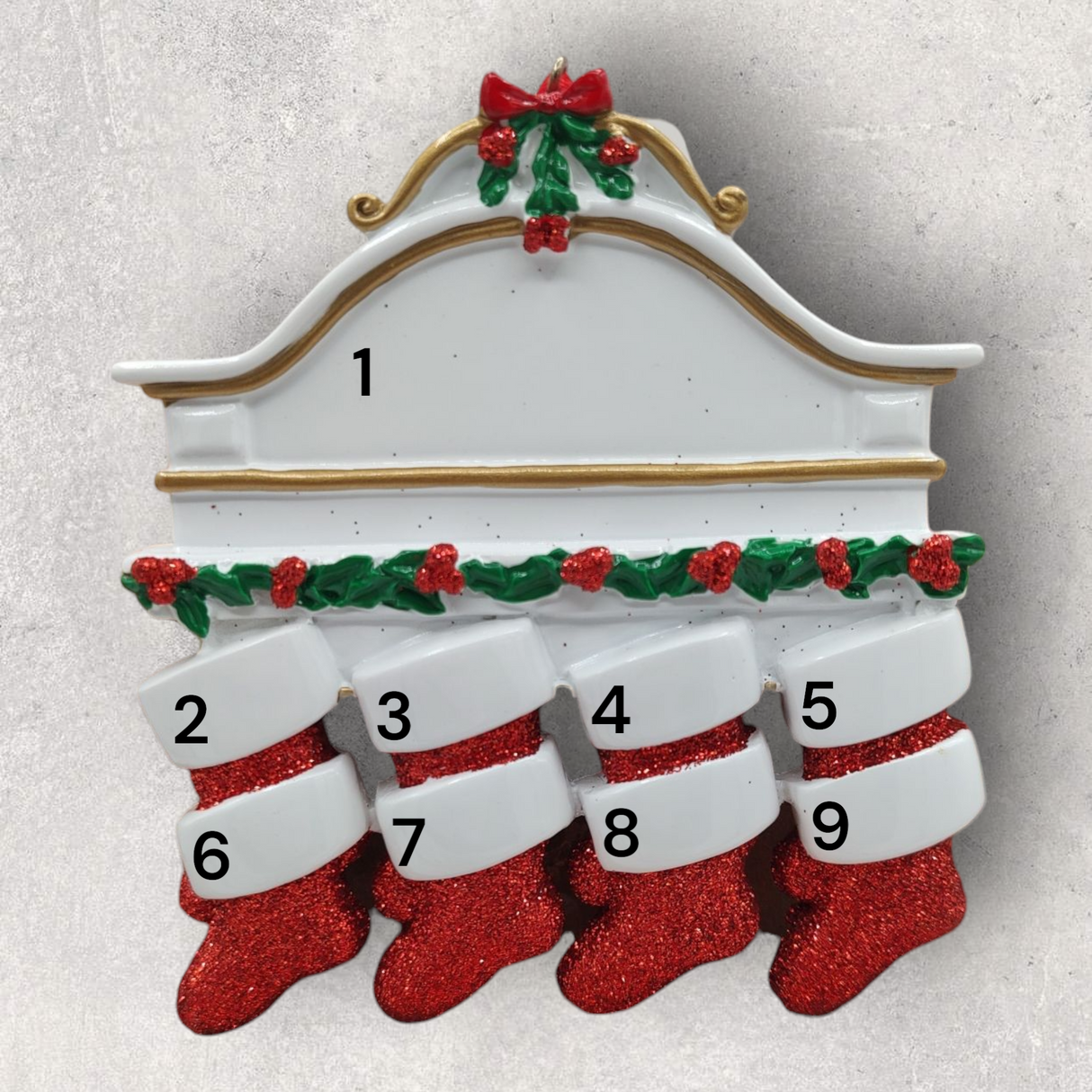 8 STOCKINGS on WHITE MANTEL Ornament