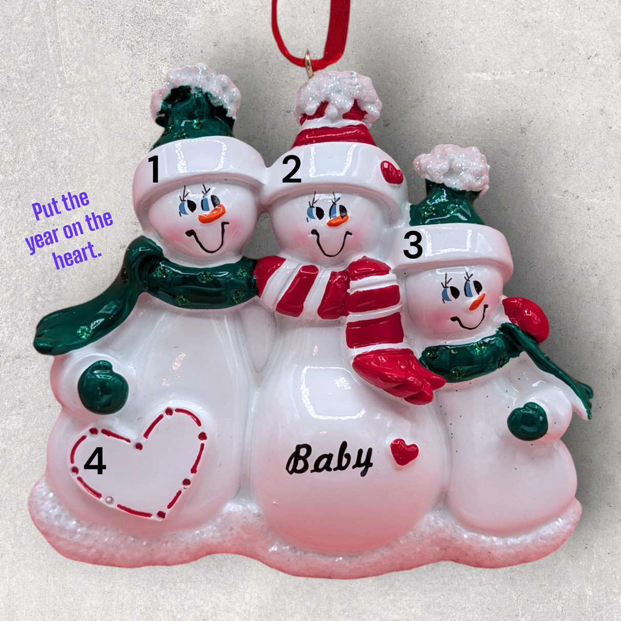 EXPECTING SNOW FAMILY Ornament - 1 CHILD - RED & GREEN ATTIRE