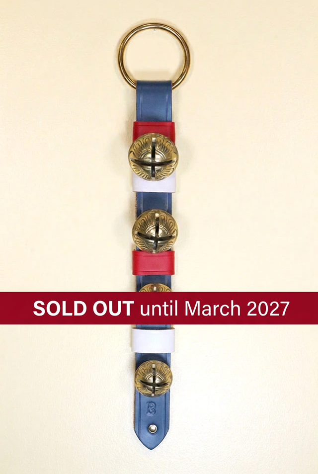 Four graduated Belsnickel bells on patriotic leather strap with straight dark red SOLD OUT until March 2027 banner